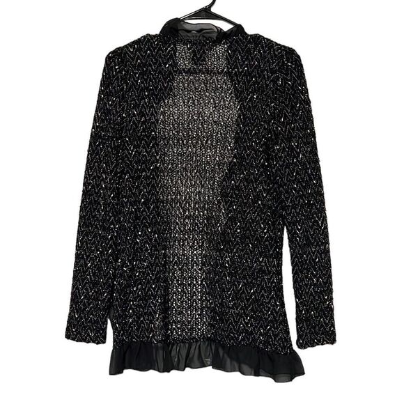 Jacket Woman’s Small Black Silver Sparkle Dress Open Coat Ruffle Trim SML Design - Picture 5 of 6
